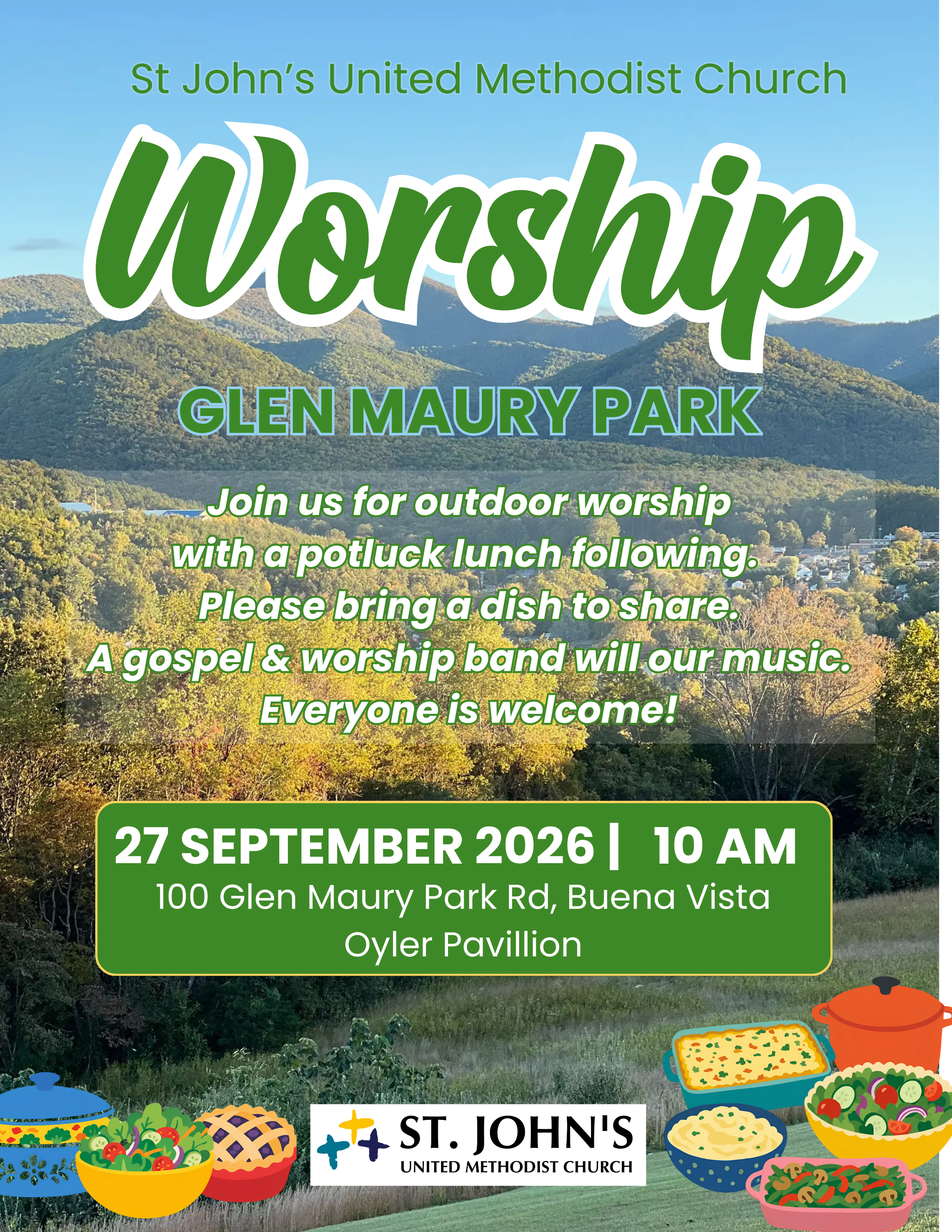 Flyer announcing our outdoor worship service at Glen Maury Park September 27, 2026 at 10 AM. Potluck following.